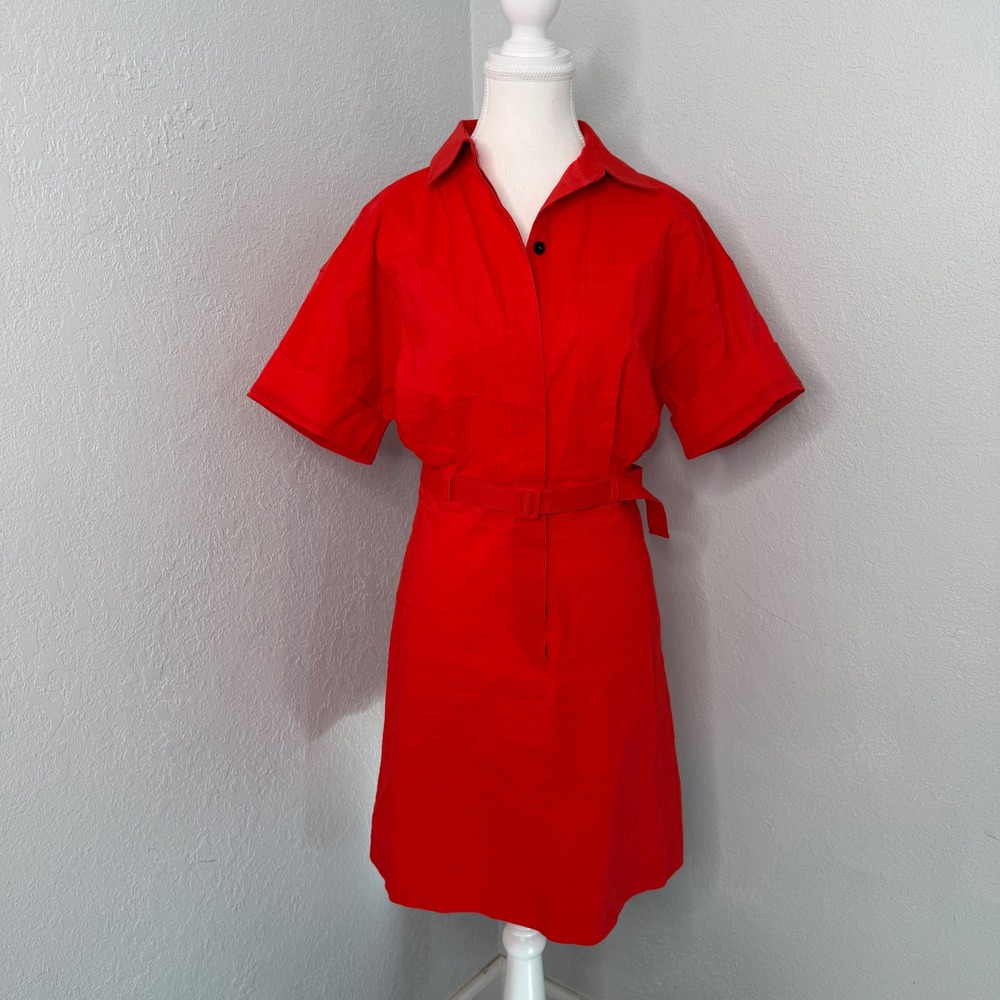 Theory Eco Crunch Linen Blend Belted Shirt Dress Red M0303604 Womens 0